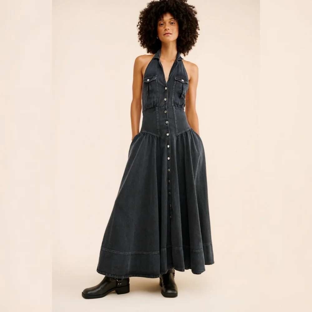 Free People Womens Dress Size M Soundwave Maxi Black Wash Denim Halter Button Up